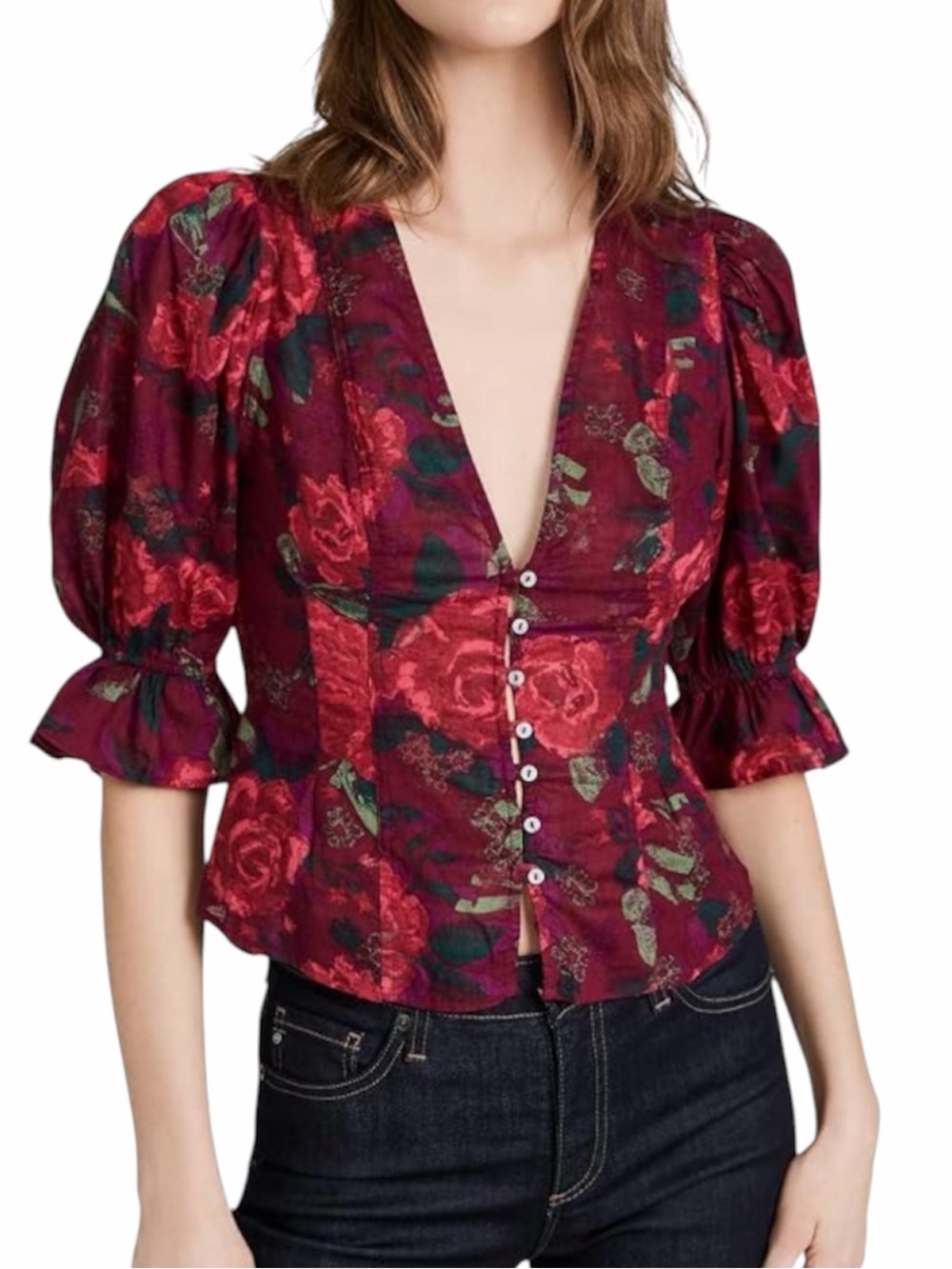 Free People "I Found You" Floral Print Puff Sleeve Top in Wine NWT